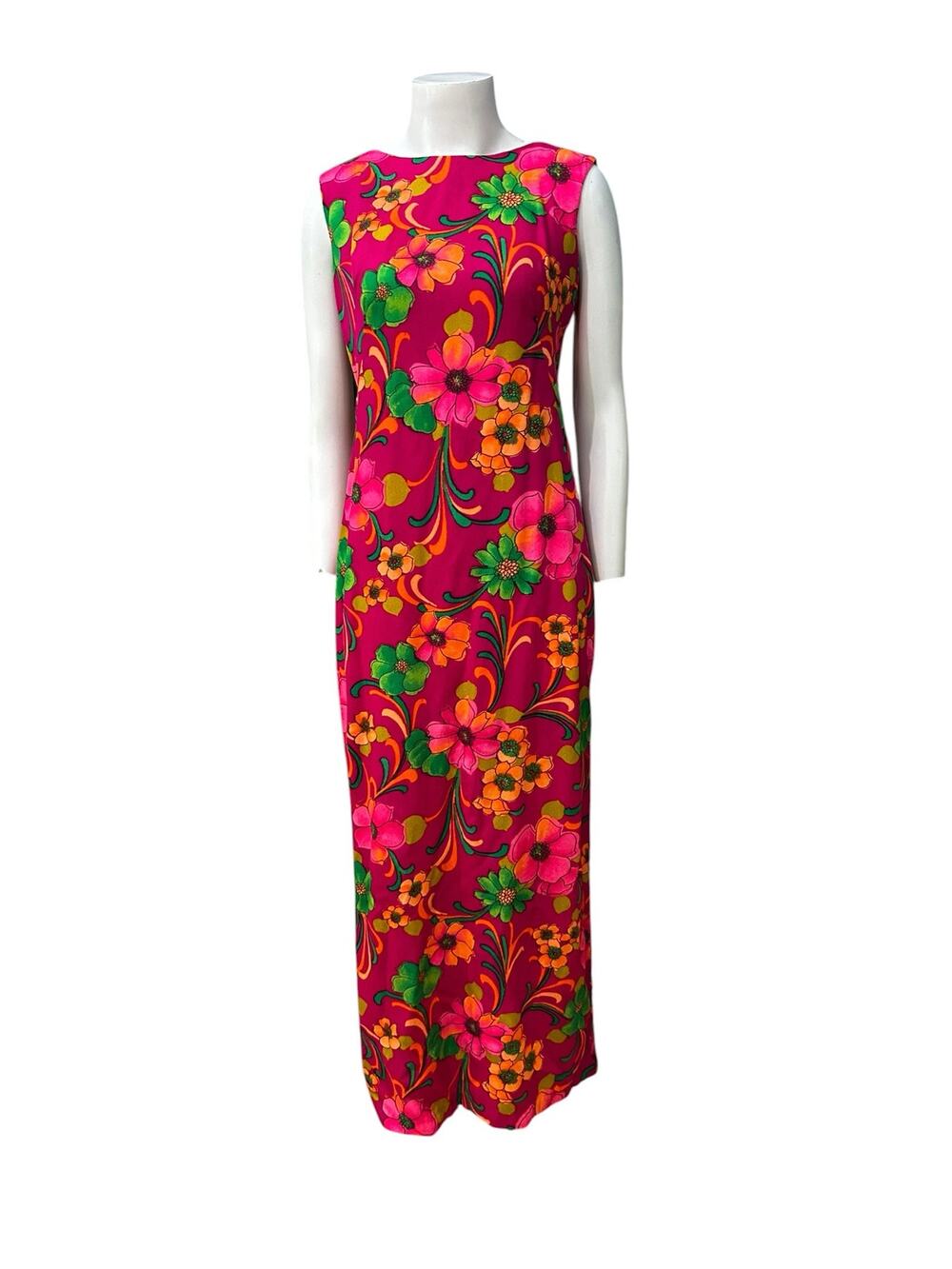 DayGlo 1960s Kamehameha Hawaii Barkcloth Floral Maxi Dress S Mod Psychedelic -